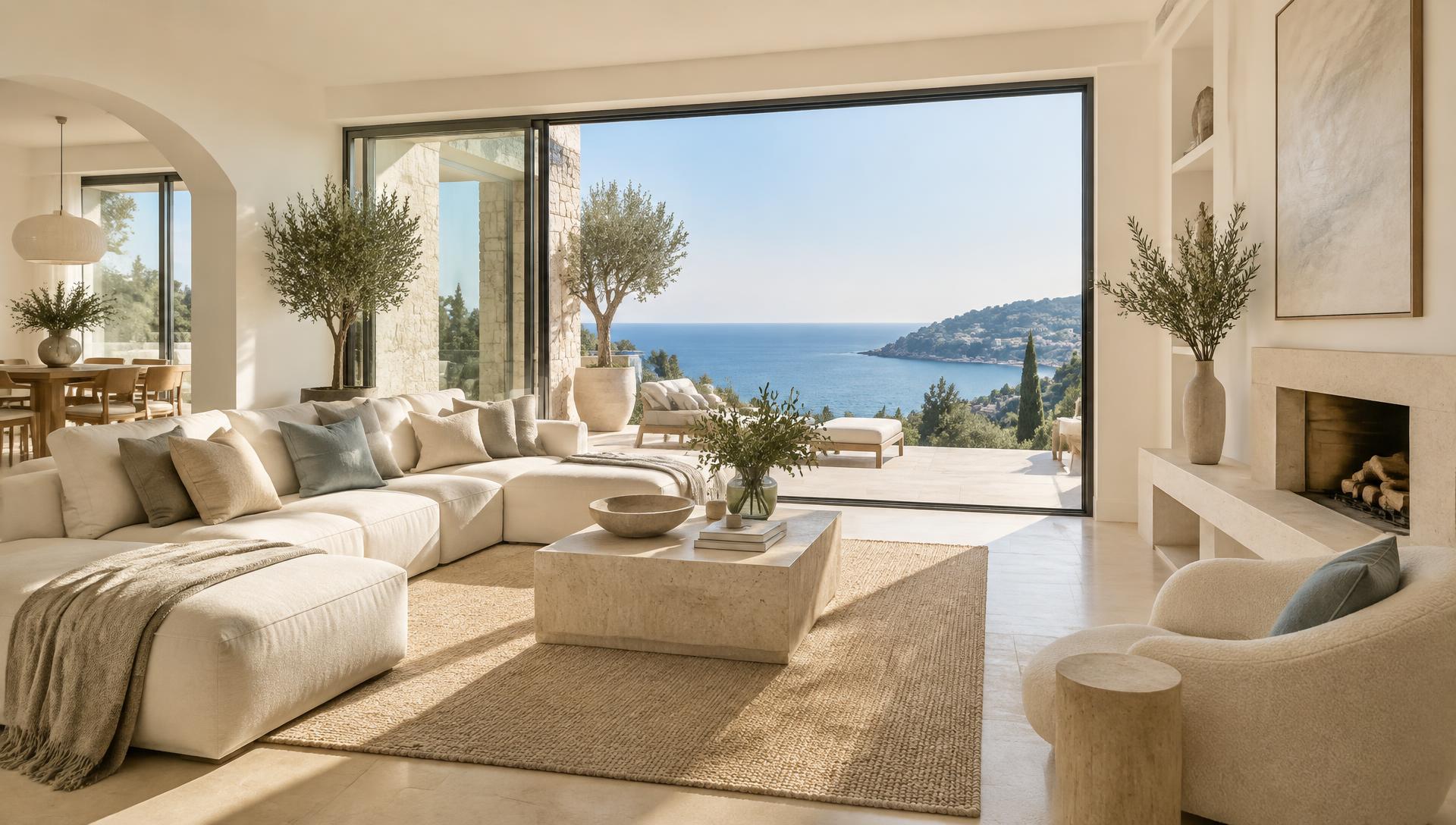 Salon lumineux d'une villa avec vue sur la Méditerranée
